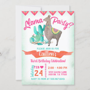 Llama Party Geburtstag Einladung Pink Orange Aqua