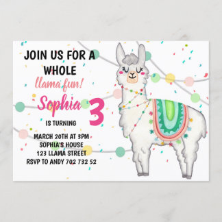 Llama Party Whole Llama Fun Girl Birthday Einladung