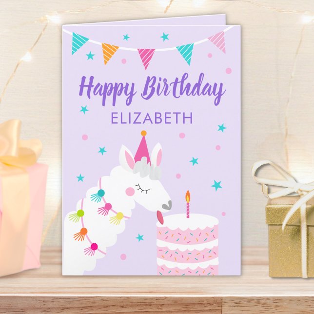 Llama Personalisiert Name Lila Happy Birthday Karte (Von Creator hochgeladen)