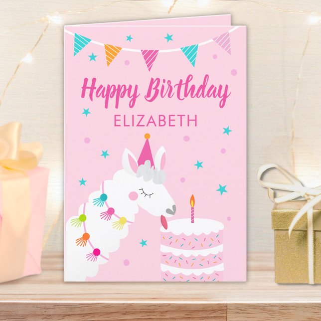 Llama Personalisiert Name Pink Happy Birthday Karte (Von Creator hochgeladen)