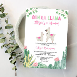 Llama Pink Green Cactus Succulent Girl Baby Shower Einladung