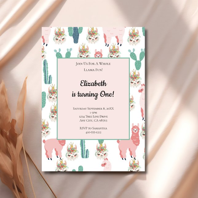 Llama Pink und Green Cactus Niedlicher Kindergebur Einladung (Pink Green Llama cactus Girls 1st 2nd birthday party invitation)
