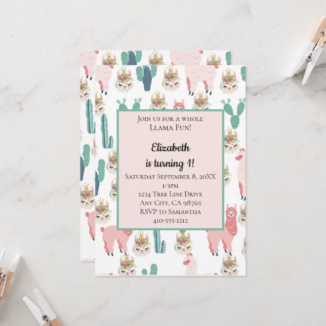 Llama Pink und Green Cactus Niedlicher Kindergebur Einladung (Vorderseite/Rückseite Beispiel)
