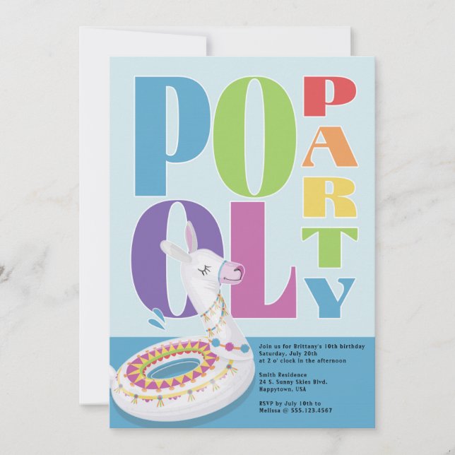 Llama Pool Party Summer Birthday Party Einladung (Vorderseite)