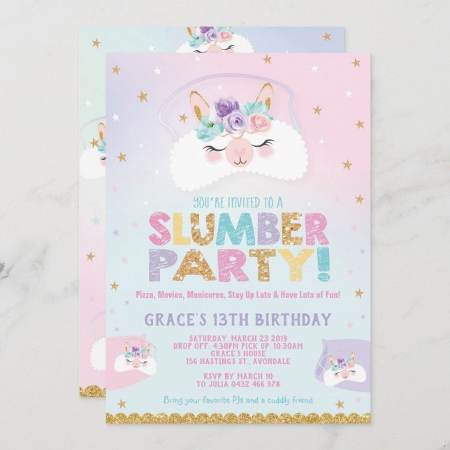 Llama Slumber Party Birthday Invitation Sleepover Einladung (Vorne/Hinten)