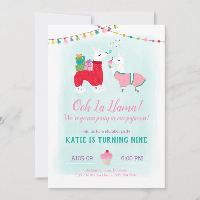 Llama Slumber Party Geburtstag Einladung (Vorderseite)