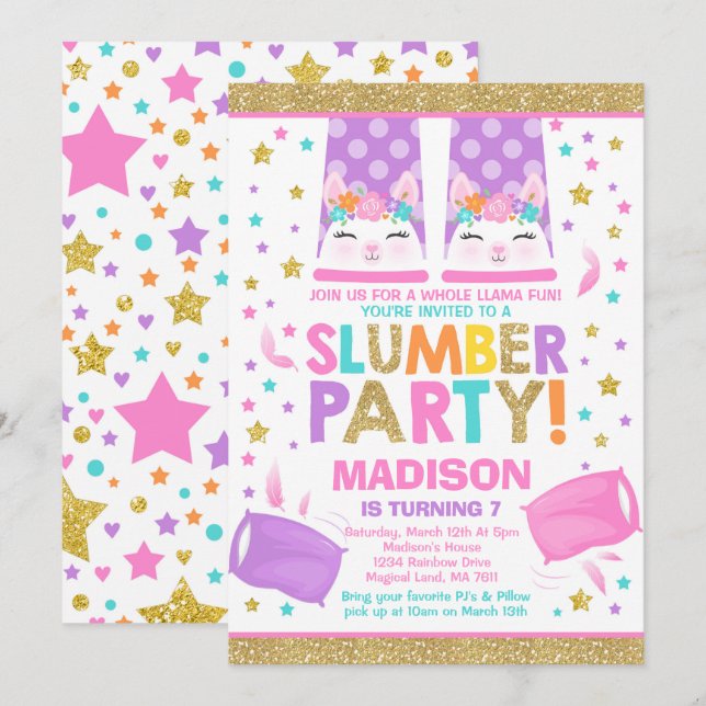 Llama Slumber Party Llama Birthday Einladung (Vorne/Hinten)