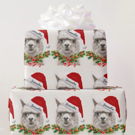 Llama Smiles Weihnachtsmannmütze Individuelle Name Geschenkpapier