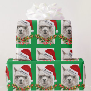 Llama Smiles Weihnachtsmannmütze Individuelle Name Geschenkpapier