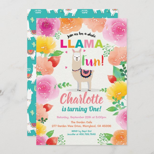 Llama Spaß Einladung zum ersten Geburtstag. Folora (Vorne/Hinten)