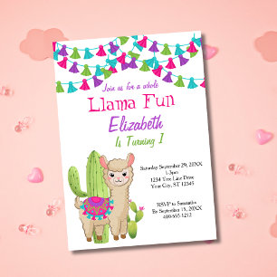 Llama Spaß Erster 1. Rosa Lila Kaktus Geburtstag Einladung