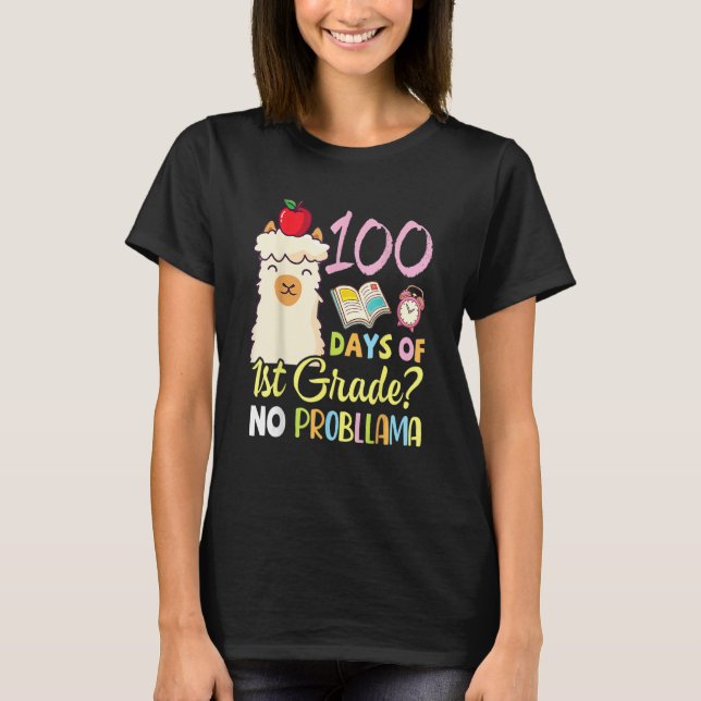Llama Teacher Student 100 Days Of 1st Grade No Pro T-Shirt (Vorderseite)