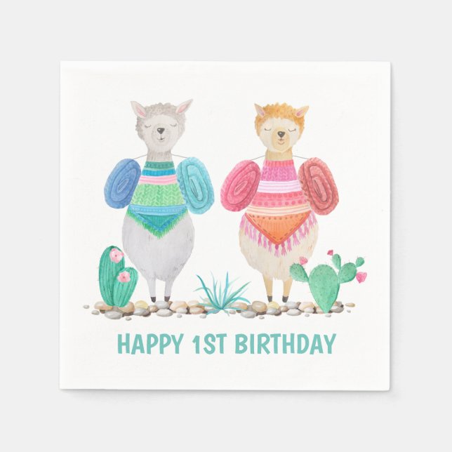 Llama und Cacti Wasserfarbe Personalisiert Serviette (Vorderseite)