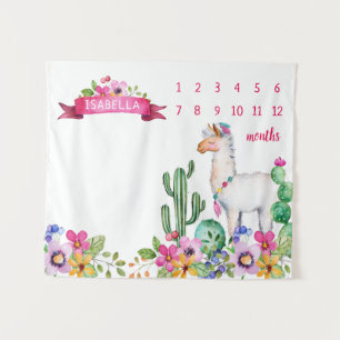 Llama und Cactus Floral Baby Name Milestone Foto Wandteppich