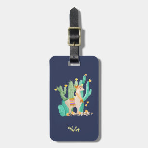 Llama und Kaktus Aquarell Blau Personalisiert Gepäckanhänger