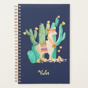 Llama und Kaktus Aquarell Blau Personalisiert Planer