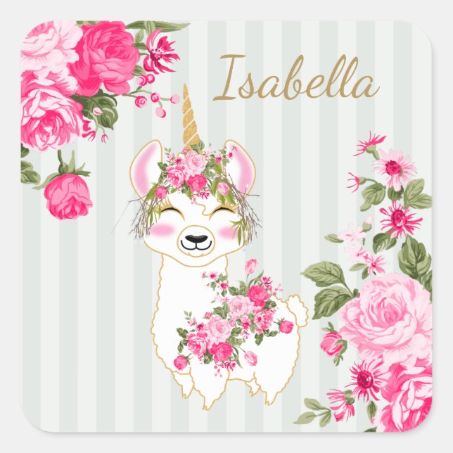 Llama Unicorn - Rosa Square Sticker (Vorderseite)