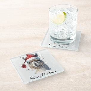 Llama Weihnachten Wasserfarbe Weihnachtsmannmütze  Glasuntersetzer
