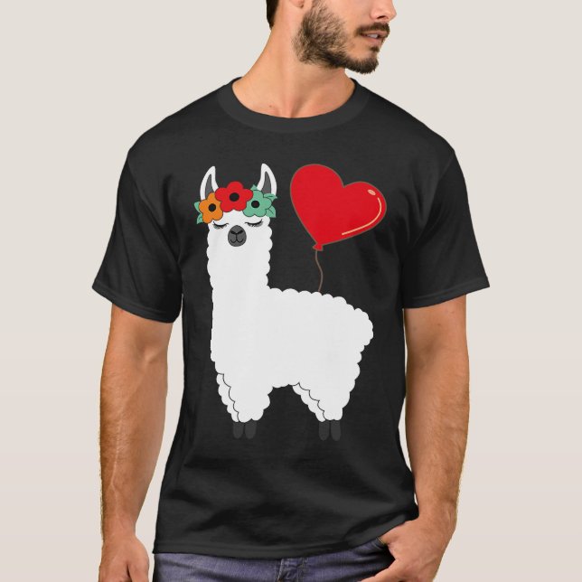 Llama With Heart Balloon Valentines Day Love Boys T-Shirt (Vorderseite)
