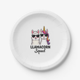 Llamacorn-Truppe Lustiges Einhorn Llama-Truppe Wei Pappteller