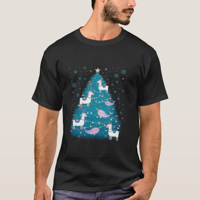 Llamas and Narwhals Snowflake Lights Christmas Tor T-Shirt (Vorderseite)