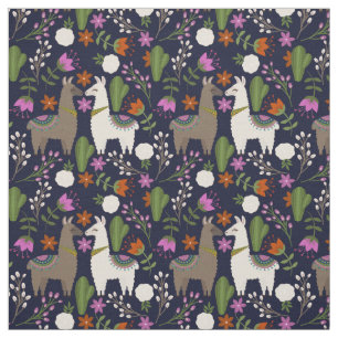 Llamas, Blume und Kakteen on Navy Stoff