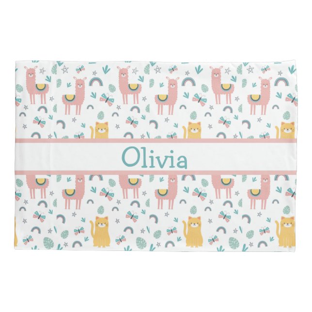 Llamas Cats Alapaca Pink Name Tiere Boho Kissenbezug (Rückseite)