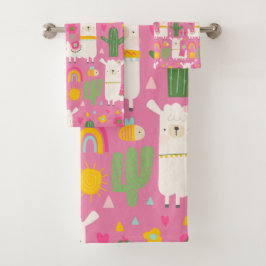 Llamas Rainbows Green Cactus Light Girly Pink Nied Badhandtuch Set