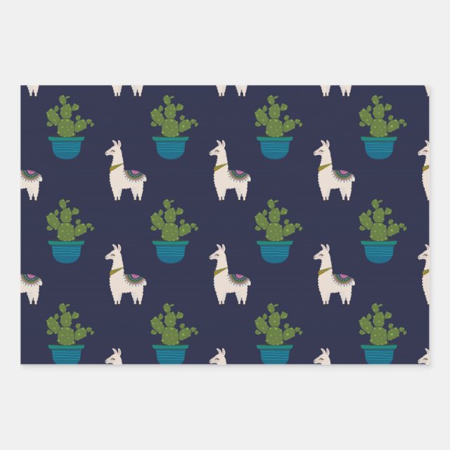 Llamas und Cactus on Navy Geschenkpapier Set (Vorderseite)
