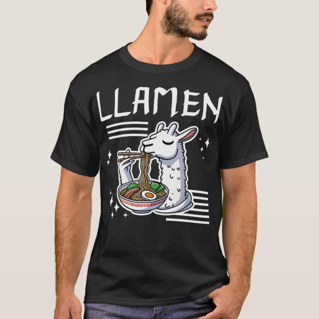 Llamen Niedlich Llama Eating Ramen T-Shirt (Vorderseite)
