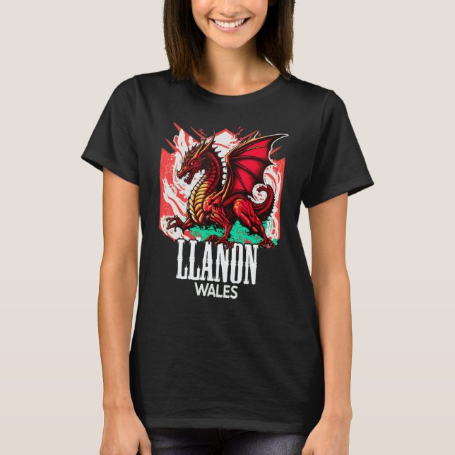 Llanon Wales Welsh Flag Y Ddraig Goch Dragon T-Shirt (Vorderseite)