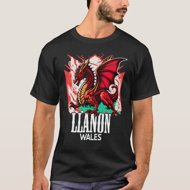 Llanon Wales Welsh Flag Y Ddraig Goch Dragon T-Shirt (Vorderseite)