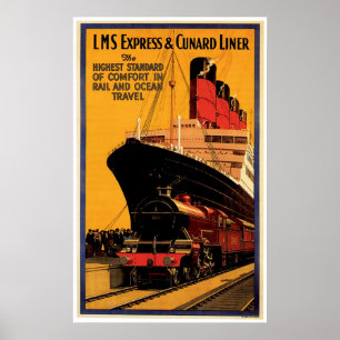 LMS Express & Cunard Liner Vintag Ship Ad Poster