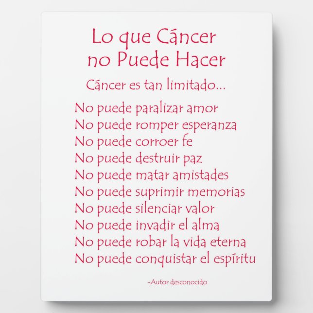 Lo que Cancer no Puede Hacer Gedicht Plaque Fotoplatte (Vorderseite)