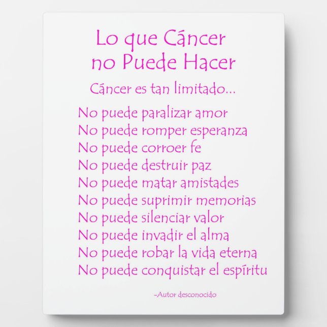 Lo que Cancer no Puede Hacer Gedicht Plaque Fotoplatte (Vorderseite)