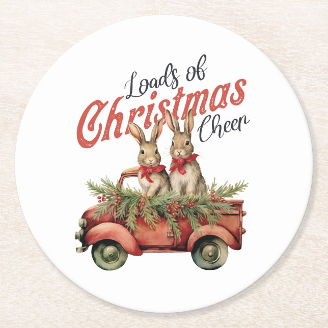 Loads of Christmas Cheer Rabbits in Red Truck Runder Pappuntersetzer (Vorderseite)