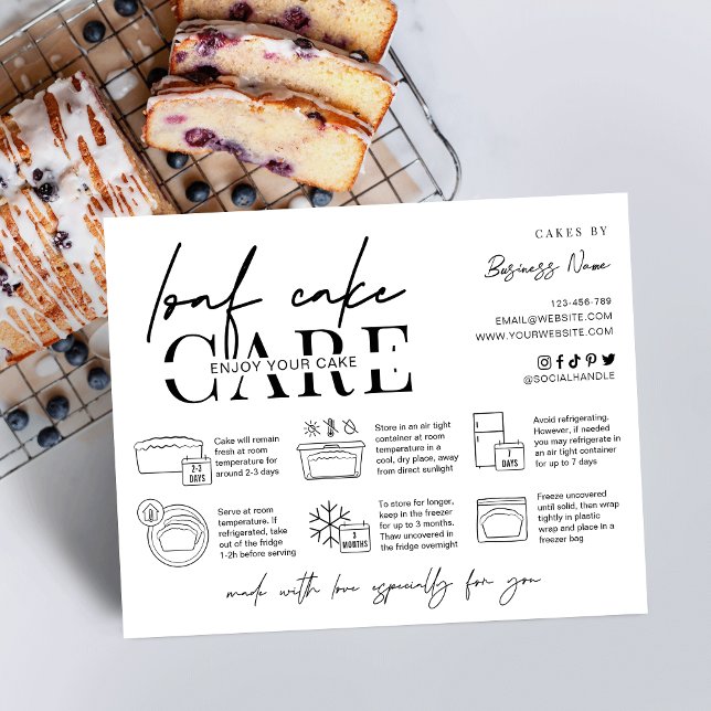 Loaf Pfund Kuchen Minimalistisch Baker Care Instru Dankeskarte (Loaf / Pound Cake care instructions card with icons, space for your business info and thank you note)