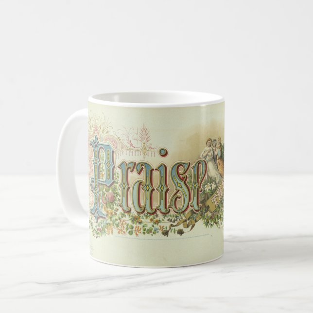 "Lob für den Herrn" Vintage Christliche Kunst Kaffeetasse (Vorderseite Links)