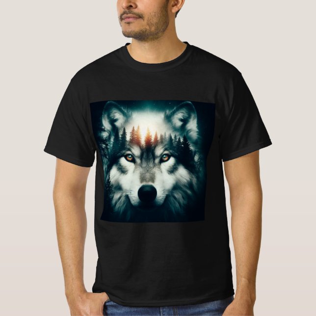  Lobo en la Noche: Diseño de Doble Exposición T-Shirt (Vorderseite)