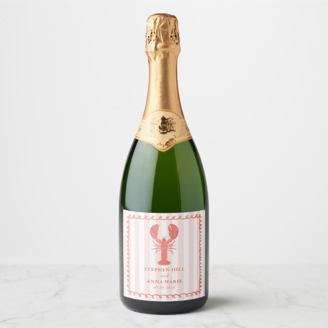 Lobste Pink Nautical Wedding Sparkling Weinlabel (Vorderseite)