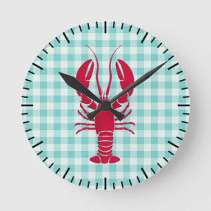 Lobster auf Blue Gingham Runde Wanduhr