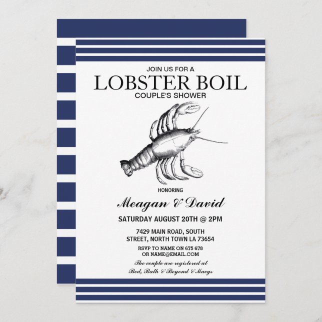 Lobster Boil Engagement Party Stripe Blue Beach Einladung (Vorne/Hinten)