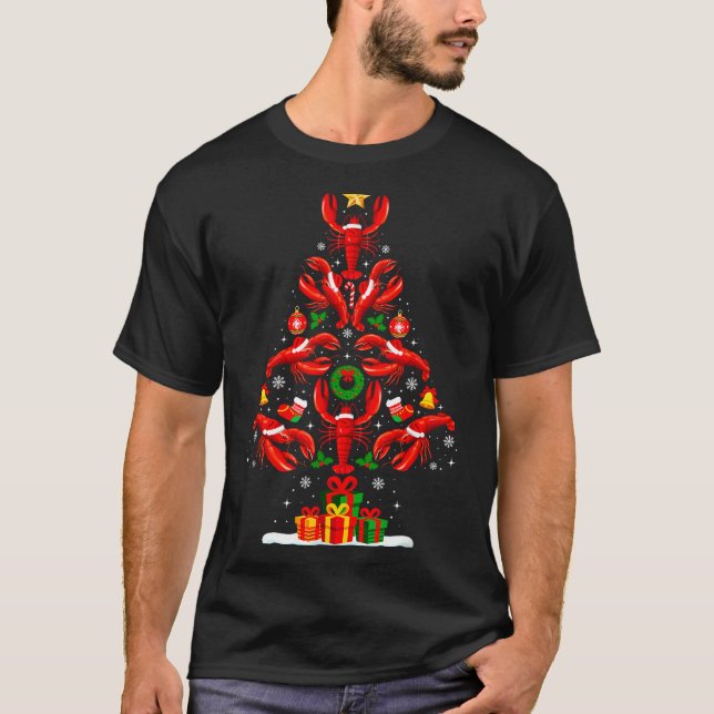 Lobster Christmas Tree Lights Santa Hat Funny Xmas T-Shirt (Vorderseite)