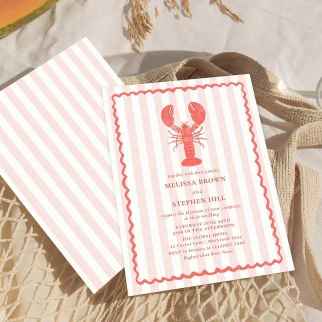 Lobster Pink Stripe Nautical Wedding Einladung (Von Creator hochgeladen)