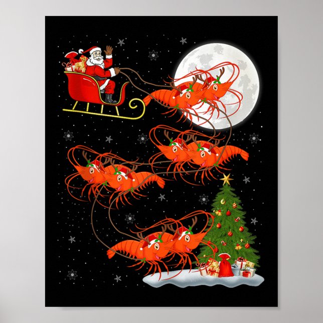 Lobster Shrimp Santa Sleigh Flying Funny Magical C Poster (Vorne)