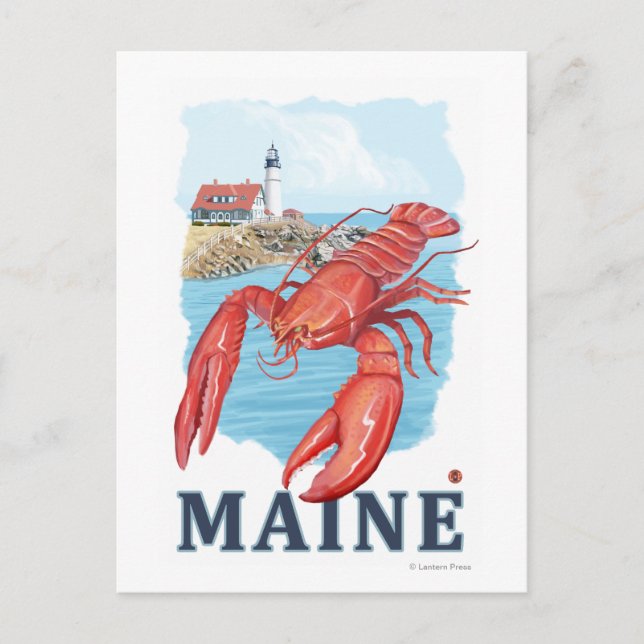 Lobster und Portland Lighthouse Szene Postkarte (Vorderseite)