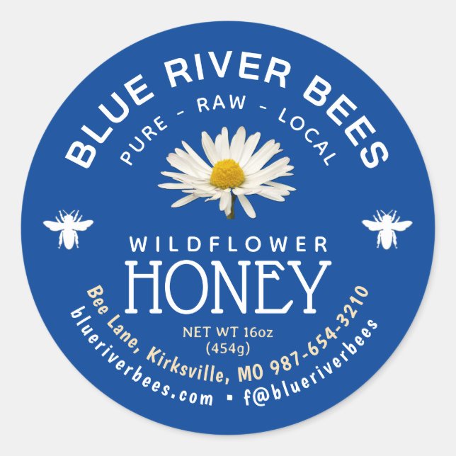 Local Honey Daisy Blue Label mit Facebook Handle Runder Aufkleber (Vorderseite)