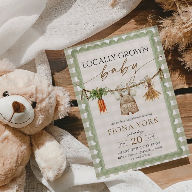 Locally Grown Baby Farmer's Market Green Gingham Einladung (Locally Grown Baby Shower Invitation Sage Green Gingham Farmer's Market Boy Baby Shower)