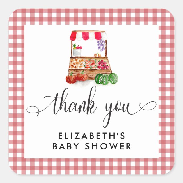 Locally Grown Baby Shower Carrots Gingham Quadratischer Aufkleber (Vorderseite)