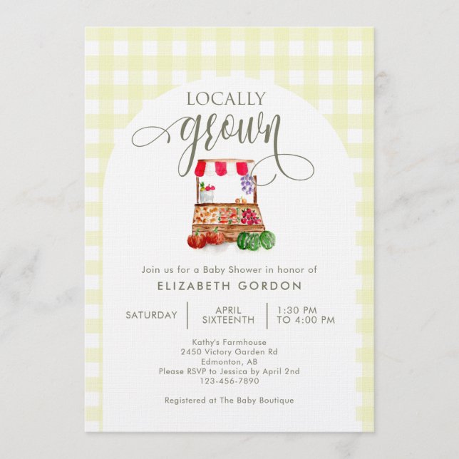 Locally Grown Baby Shower Farm Market Gingham Einladung (Vorderseite)